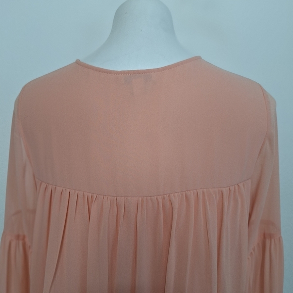 Halston Peach Chiffon Coquette Balletcore Pleated Balloon Sleeve Blouse Size S - Picture 7 of 13